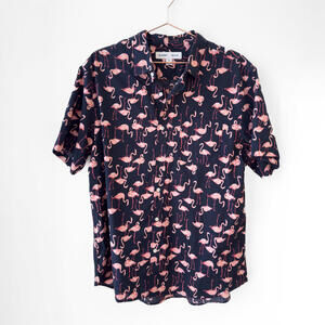Old Navy Navy Blue Flamingo Print Short Sleeve Button Down Shirt XL